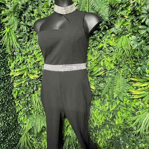 Women Jumpsuit Large Black Pants High Neckline Stoned Accent Fitted Ipoe 1710 - Picture 7 of 8